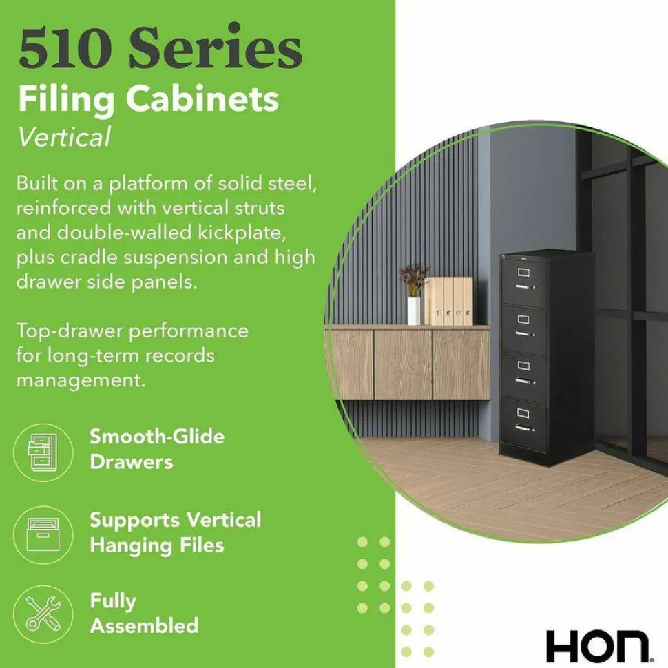 HON 510 25"D Vertical 4-Drawer File Cabinet, Black