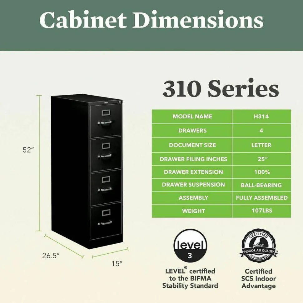 HON 310 26-1/2"D Vertical 4-Drawer Legal-Size File Cabinet, Black