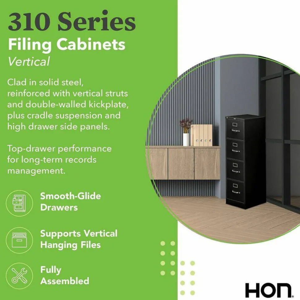 HON 310 26-1/2"D Vertical 4-Drawer Letter-Size File Cabinet, Black