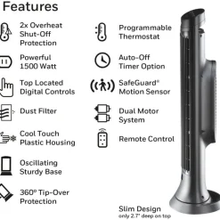 Honeywell 1500 Watts Electric Ceramic Oscillating Heater, 2 Heat Settings, 23.25"H x 8.75"W x 6.75"D, Black