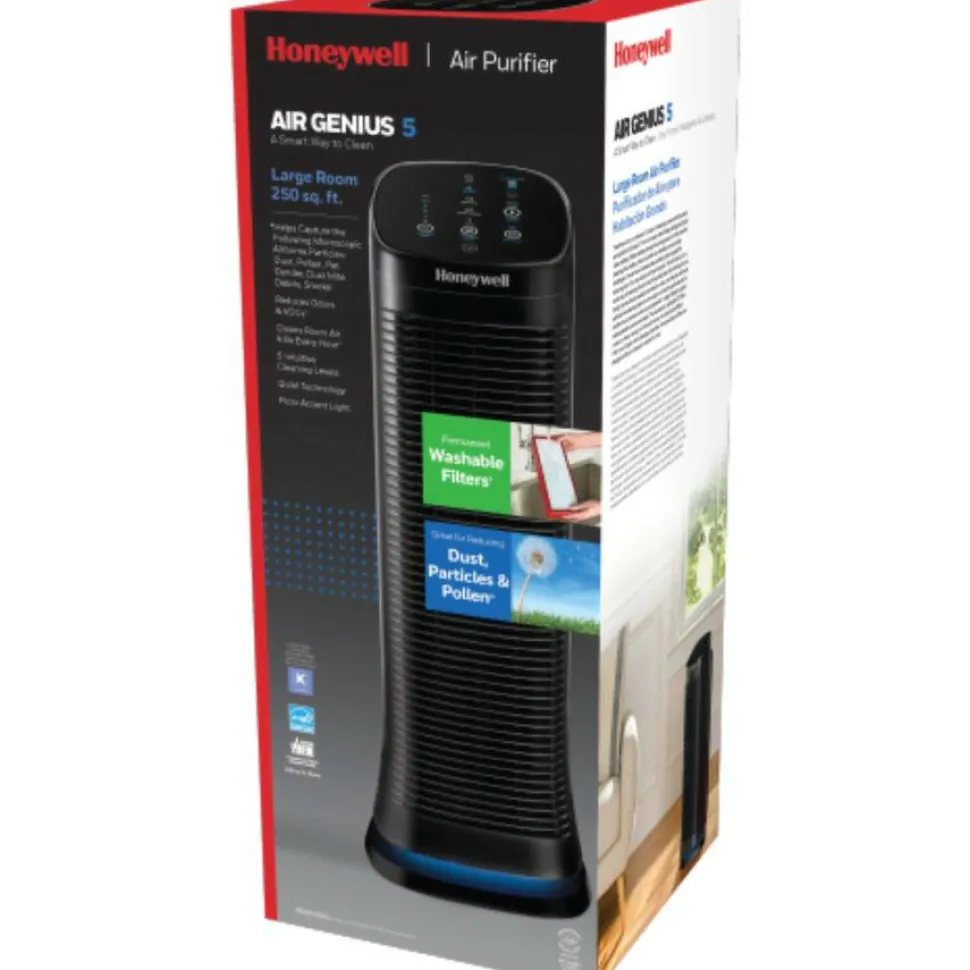 Honeywell AirGenius 5 Air Cleaner/Odor Reducer, 250 Sq. Ft. Coverage, 26 13/16"H x 10"W x 10"D, Black
