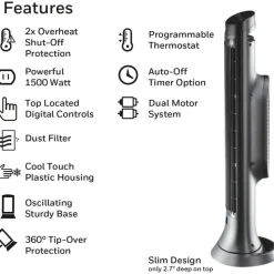 Honeywell Digital Tower Heater, 1,500 W, 10.12 x 8 x 23.25, Black
