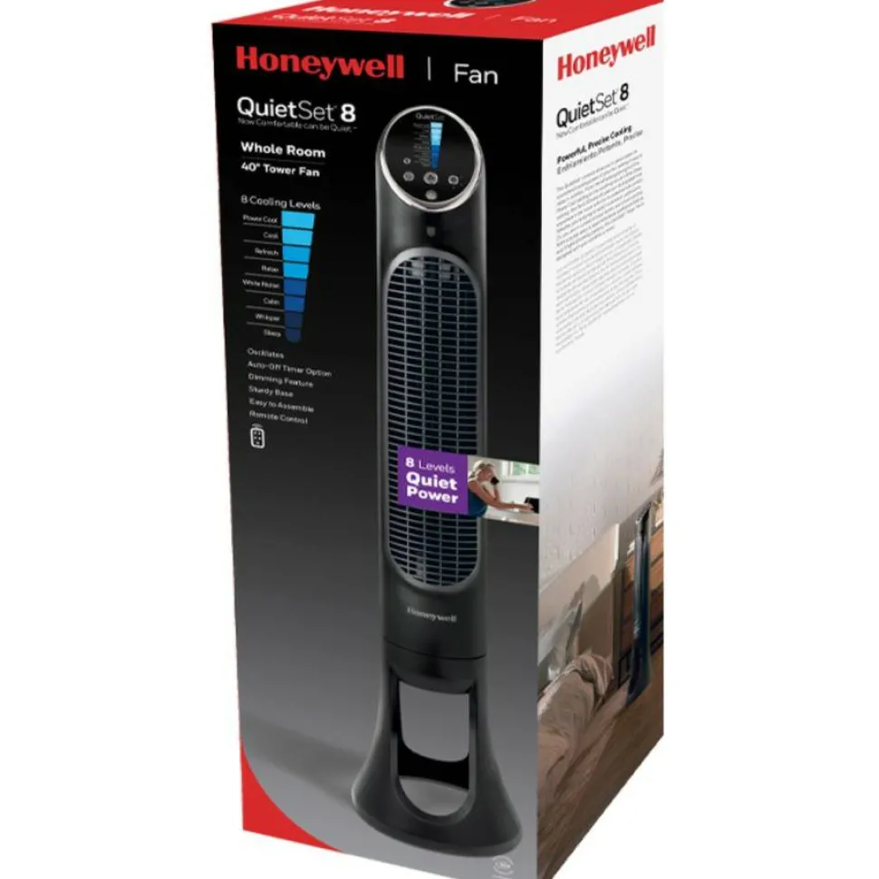 Honeywell QuietSet 8-Speed Whole-Room Tower Fan, 10"w x 40"h, Black