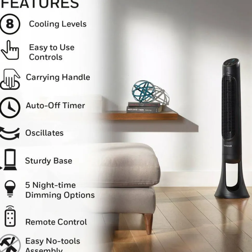 Honeywell QuietSet 8-Speed Whole-Room Tower Fan, 10"w x 40"h, Black