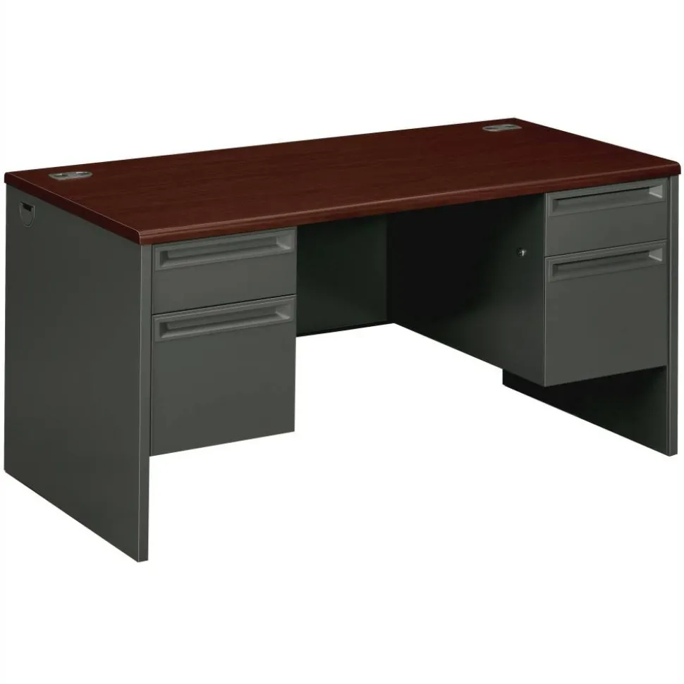 HON 38000 60"W Double-Pedestal Computer Desk, Mahogany/Charcoal