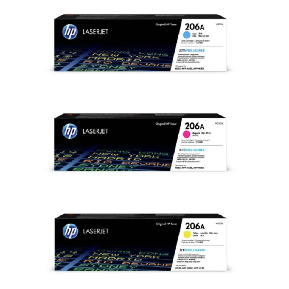 HP 206A 3-Color Cyan/Magenta/Yellow Toner Cartridges, Pack Of 3 Cartridges, HP206ACMY-OD
