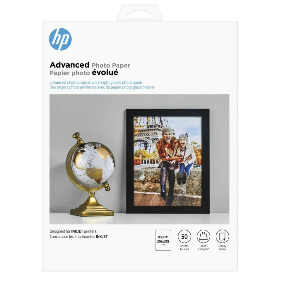 HP Advanced Photo Paper for Inkjet Printers, Glossy, Letter Size (8 1/2" x 11"), 66 Lb, Pack Of 50 Sheets (Q7853A)