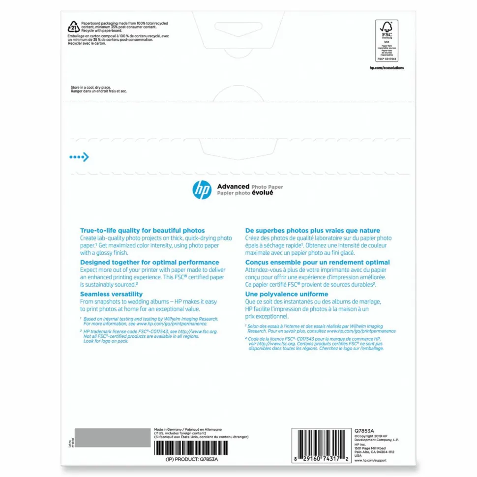 HP Advanced Photo Paper for Inkjet Printers, Glossy, Letter Size (8 1/2" x 11"), 66 Lb, Pack Of 50 Sheets (Q7853A)