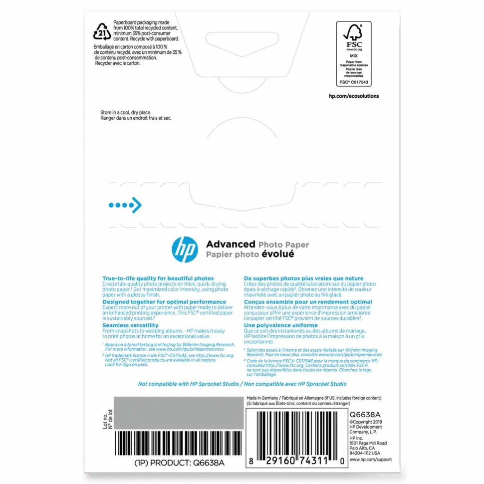 HP Advanced Photo Paper for Inkjet Printers, Glossy, 4" x 6", 66 Lb, Pack Of 100 Sheets (Q6638A)