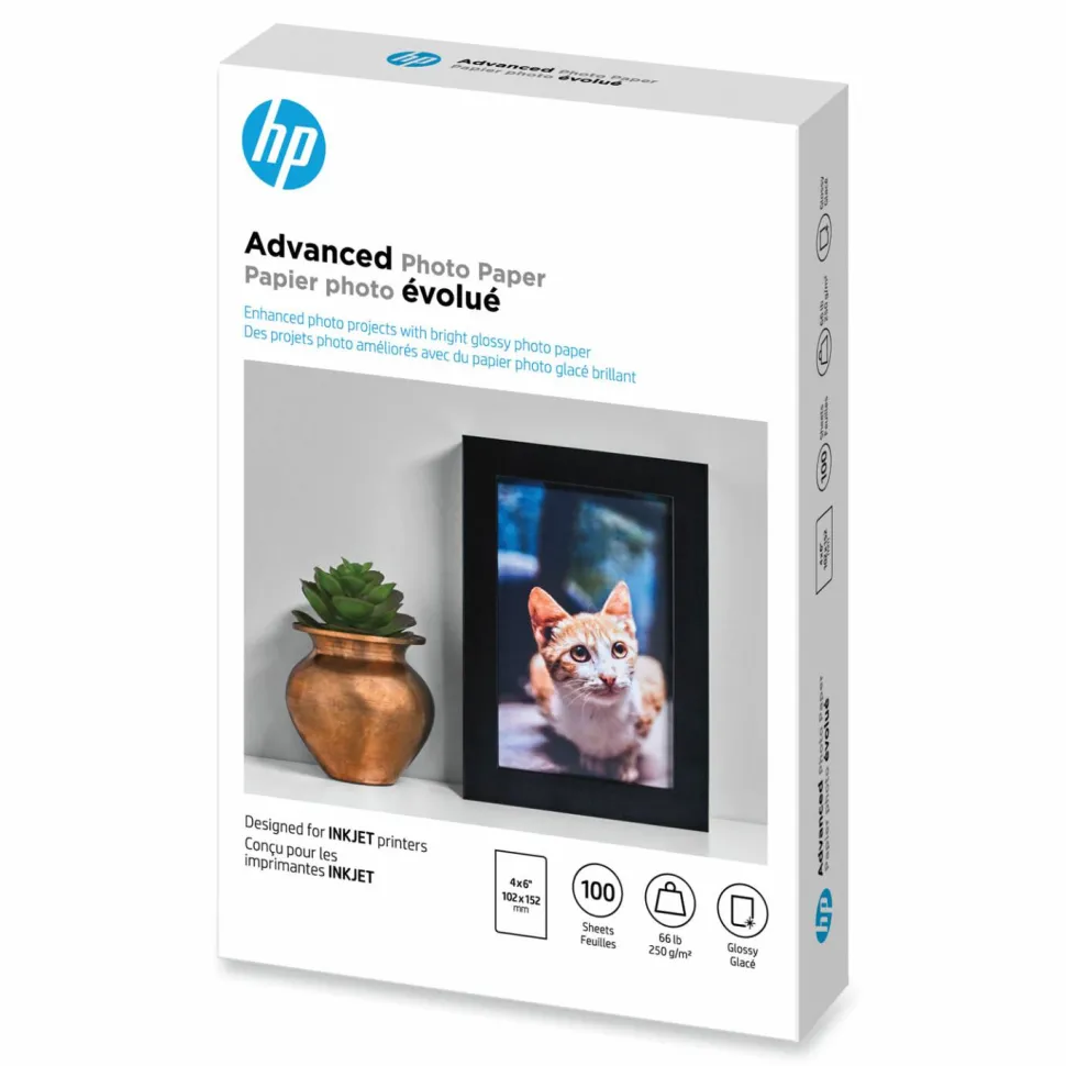 HP Advanced Photo Paper for Inkjet Printers, Glossy, 4" x 6", 66 Lb, Pack Of 100 Sheets (Q6638A)