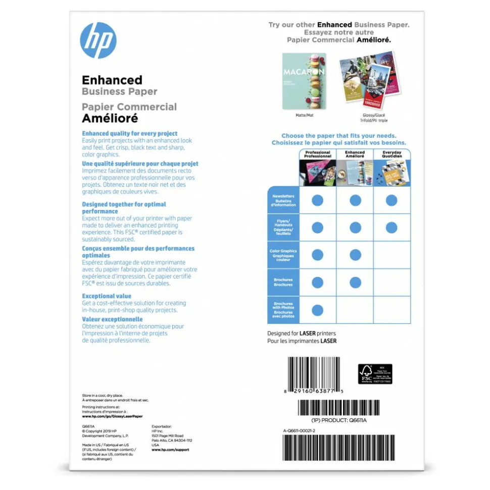 HP Enhanced Business Paper for Laser Printers, Glossy, Letter Size (8 1/2" x 11"), Heavy 40 Lb, Pack Of 150 Sheets (Q6611A)