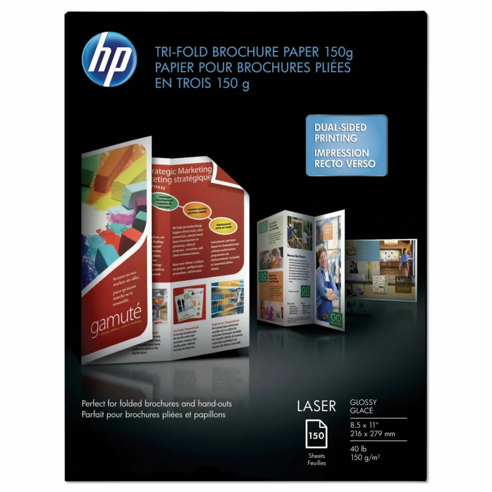 HP Laser Glossy Tri-Fold Brochure Paper, 97 Bright, 40 lb Bond Weight, 8.5 x 11, White, 150/Pack