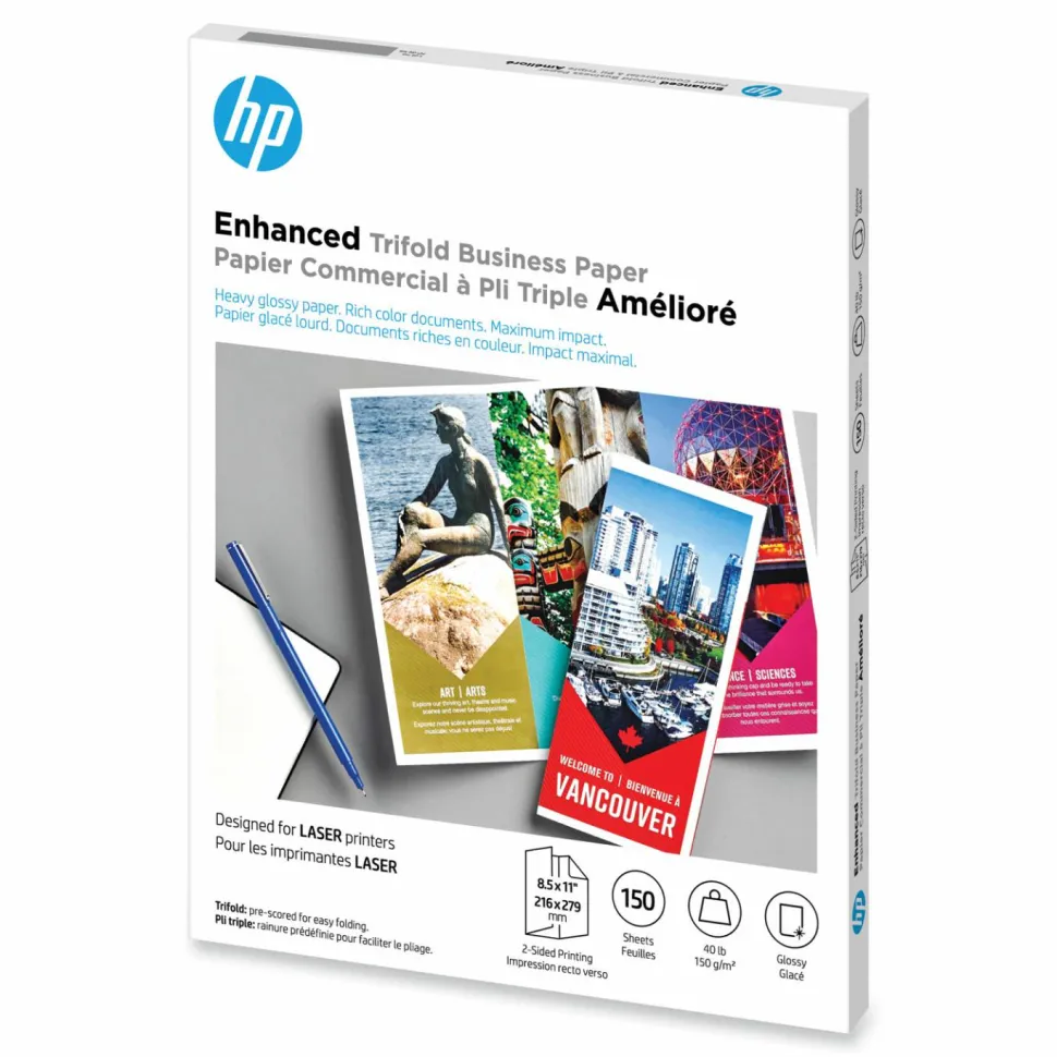 HP Laser Glossy Tri-Fold Brochure Paper, 97 Bright, 40 lb Bond Weight, 8.5 x 11, White, 150/Pack