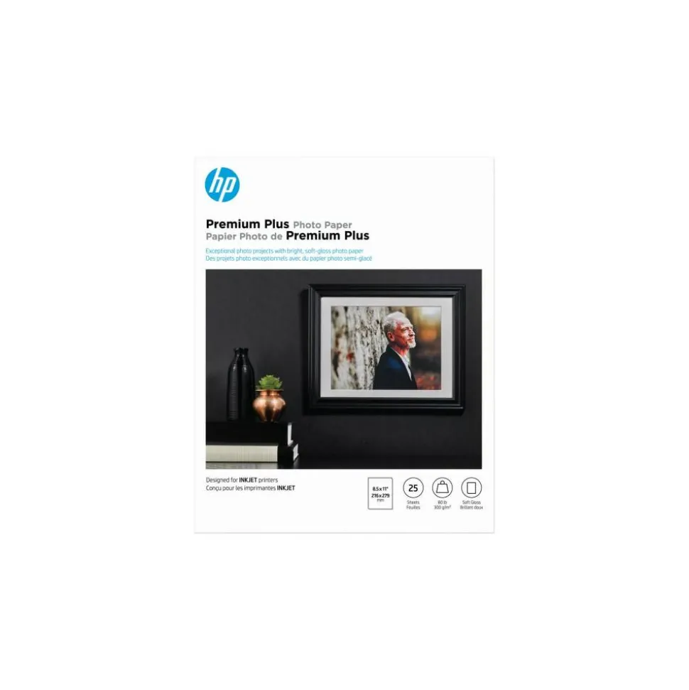 HP Premium Plus Photo Paper for Inkjet Printers, Soft Gloss, Letter Size (8 1/2" x 11"), 80 Lb., Pack Of 25 Sheets (CR671A)