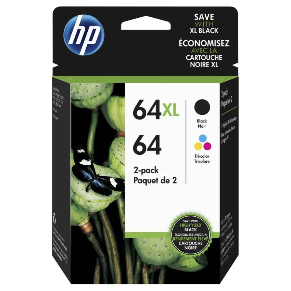 HP 64XL Black/64 Tri-Color High-Yield Ink Cartridges, Pack Of 2, 3YP23AN