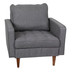 Hudson Mid-Century Modern Commercial Grade Armchair with Tufted Faux Linen Upholstery & Solid Wood Legs in Dark Gray
