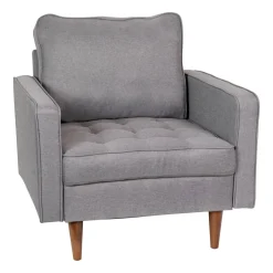 Hudson Mid-Century Modern Commercial Grade Armchair with Tufted Faux Linen Upholstery & Solid Wood Legs in Slate Gray