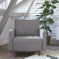 Hudson Mid-Century Modern Commercial Grade Armchair with Tufted Faux Linen Upholstery & Solid Wood Legs in Slate Gray