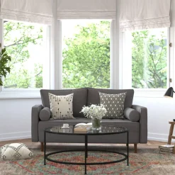Hudson Mid-Century Modern Loveseat Sofa with Tufted Faux Linen Upholstery & Solid Wood Legs in Dark Gray