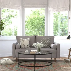 Hudson Mid-Century Modern Loveseat Sofa with Tufted Faux Linen Upholstery & Solid Wood Legs in Slate Gray