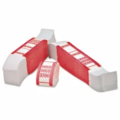 Iconex Color-Coded Kraft Currency Straps, Self-Adhesive, Fives, $500 Strap, Red/White, 1,000/Pack