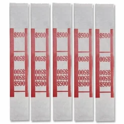 Iconex Color-Coded Kraft Currency Straps, Self-Adhesive, Fives, $500 Strap, Red/White, 1,000/Pack
