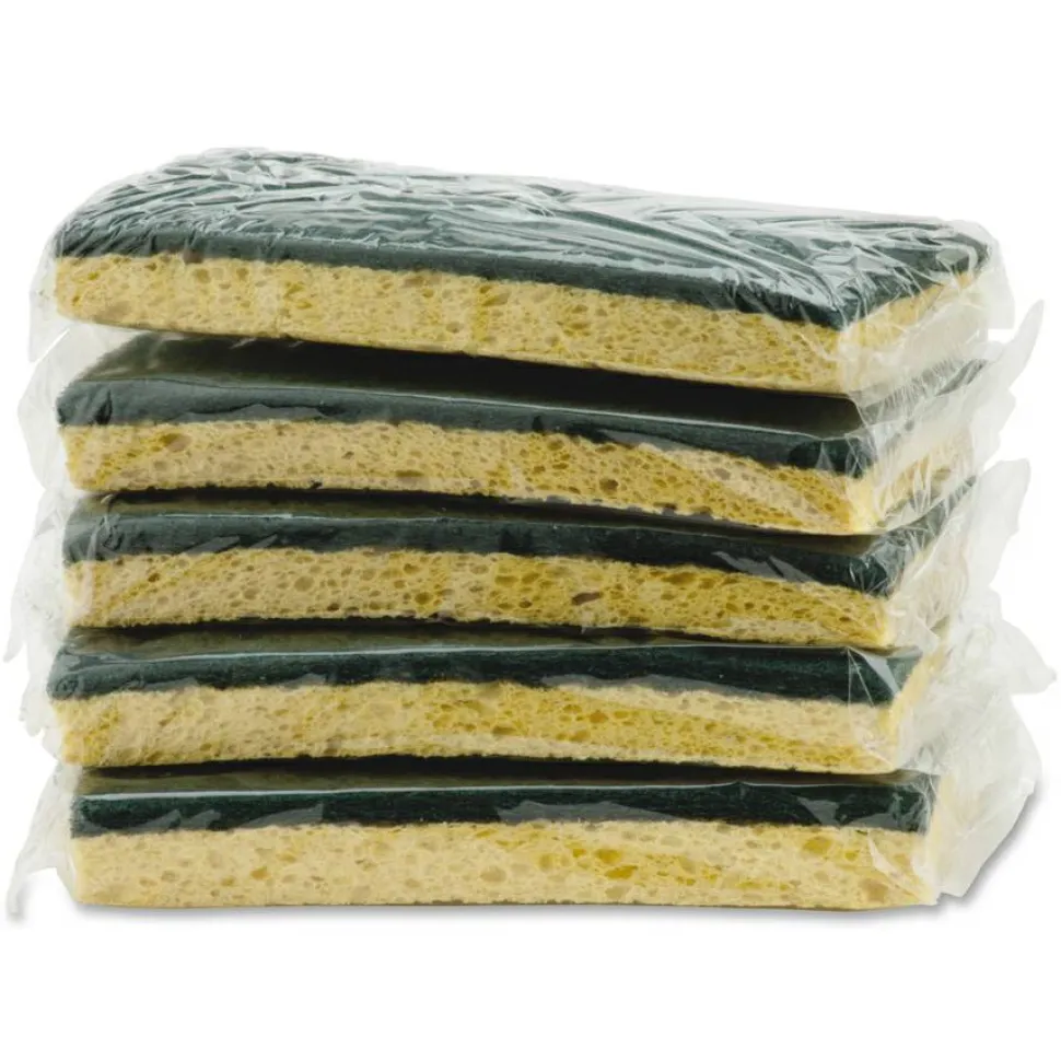 Impact Cellulose Scrubber Sponge, 0.9"H x 3.2"W x 6.3"L, 5 / Pack, Cellulose, Yellow, Green