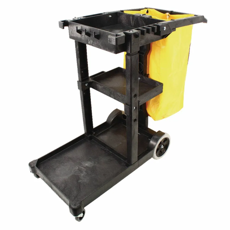 Impact Janitorial Cart, Plastic, 3 Shelves, 1 Bin, 20.5" x 48" x 38", Yellow