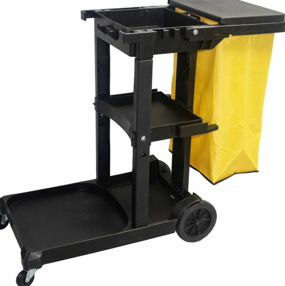 Impact Janitorial Cart, Plastic, 3 Shelves, 1 Bin, 20.5" x 48" x 38", Yellow