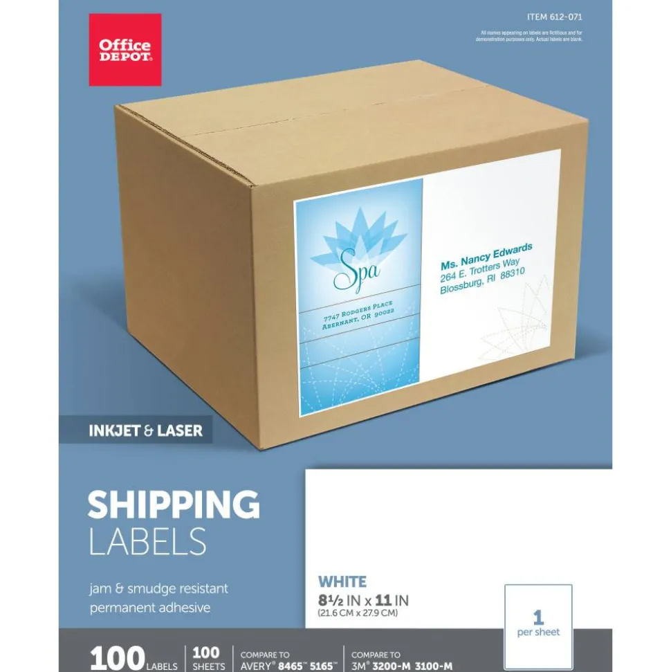 Inkjet/Laser Shipping Labels, Rectangle, 8 1/2" x 11", Full-Sheet, White, Pack Of 100