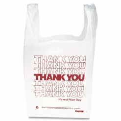 Inteplast Group HDPE T-Shirt Bags, Thank You - Have a Nice Day Labeling, Cut-Out Handles, 12" x 7" x 23", White/Red, 500/Carton