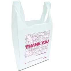 Inteplast Group "Thank You" Handled T-Shirt Bag, Have a Nice Day Labeling, Cut-Out Handles, 11.5" x 6.5" x 21", White/Red, 900/Carton