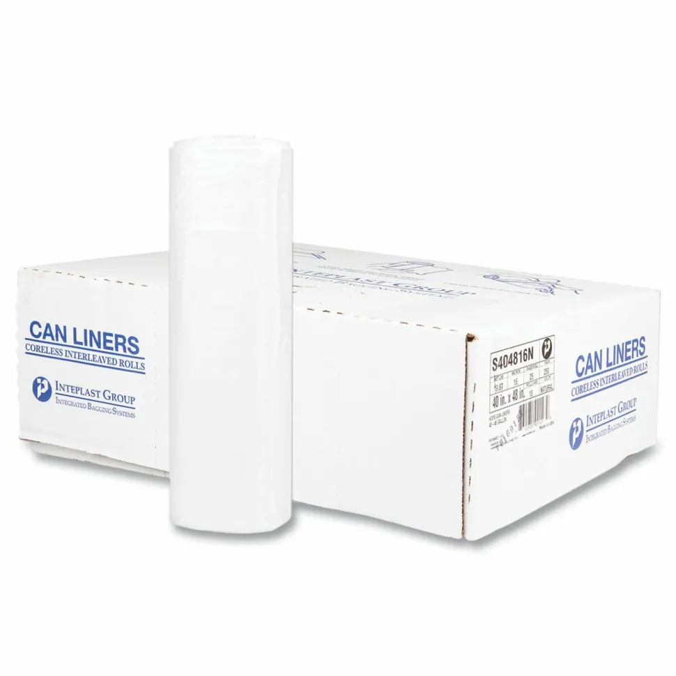 Inteplast Group High-Density Commercial Can Liners, 45 gal, 16 mic, 40" x 48", Clear, Interleaved Roll, 25 Bags/Roll, 10 Rolls/Carton