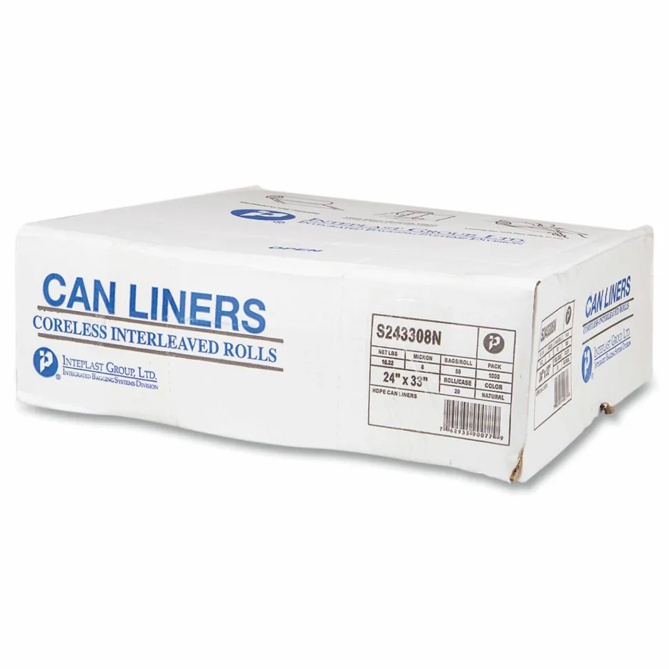 Inteplast Group High-Density Commercial Can Liners, 16 gal, 8 mic, 24" x 33", Natural, Interleaved Roll, 50 Bags/Roll, 20 Rolls/Carton