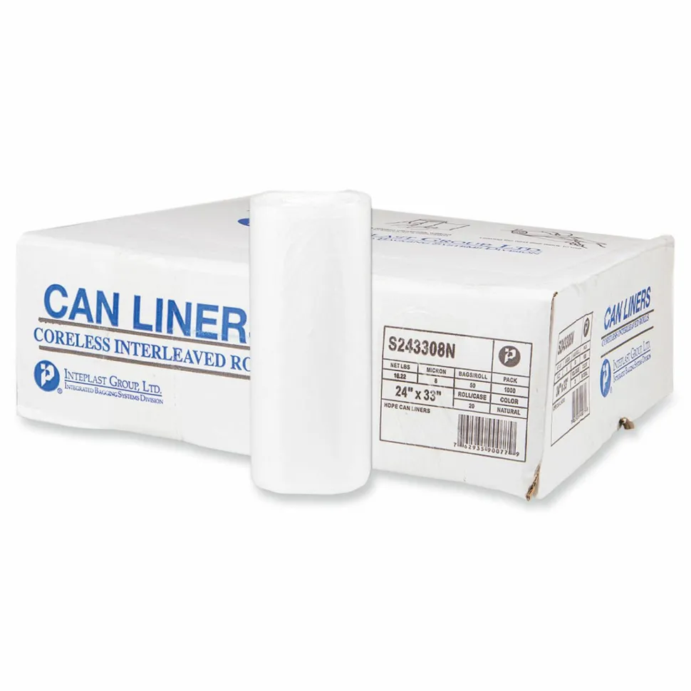 Inteplast Group High-Density Commercial Can Liners, 16 gal, 8 mic, 24" x 33", Natural, Interleaved Roll, 50 Bags/Roll, 20 Rolls/Carton