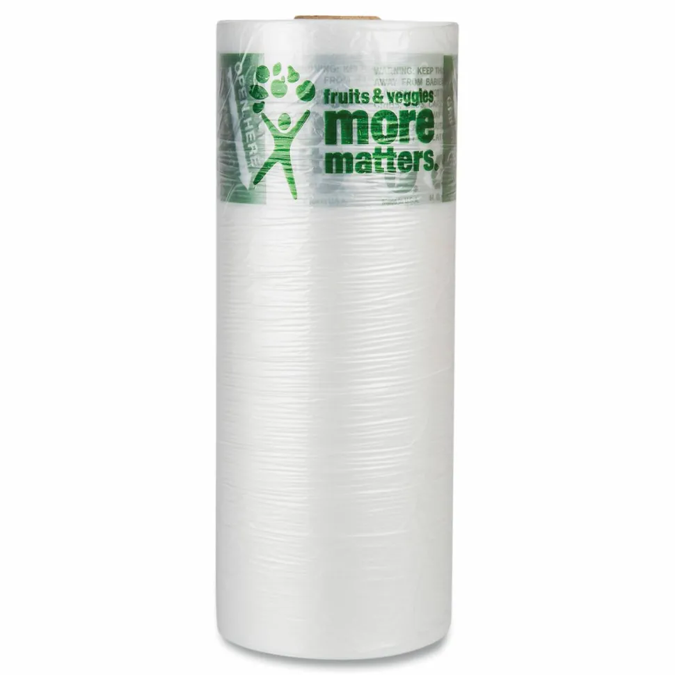 Inteplast Group Produce Bags, Fruits and Veggies - More Matters Labeling, 0.35 mil, 12" x 20", Clear, 875 Bags/Roll, 4 Rolls/Carton