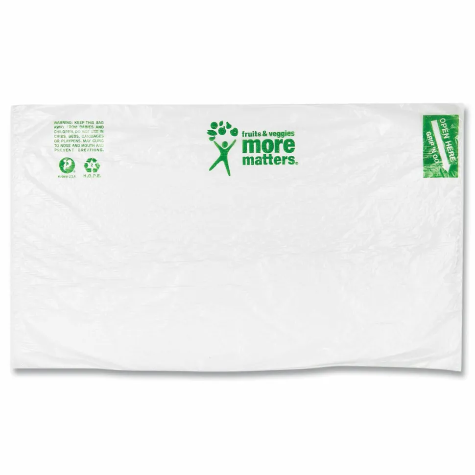 Inteplast Group Produce Bags, Fruits and Veggies - More Matters Labeling, 0.35 mil, 12" x 20", Clear, 875 Bags/Roll, 4 Rolls/Carton