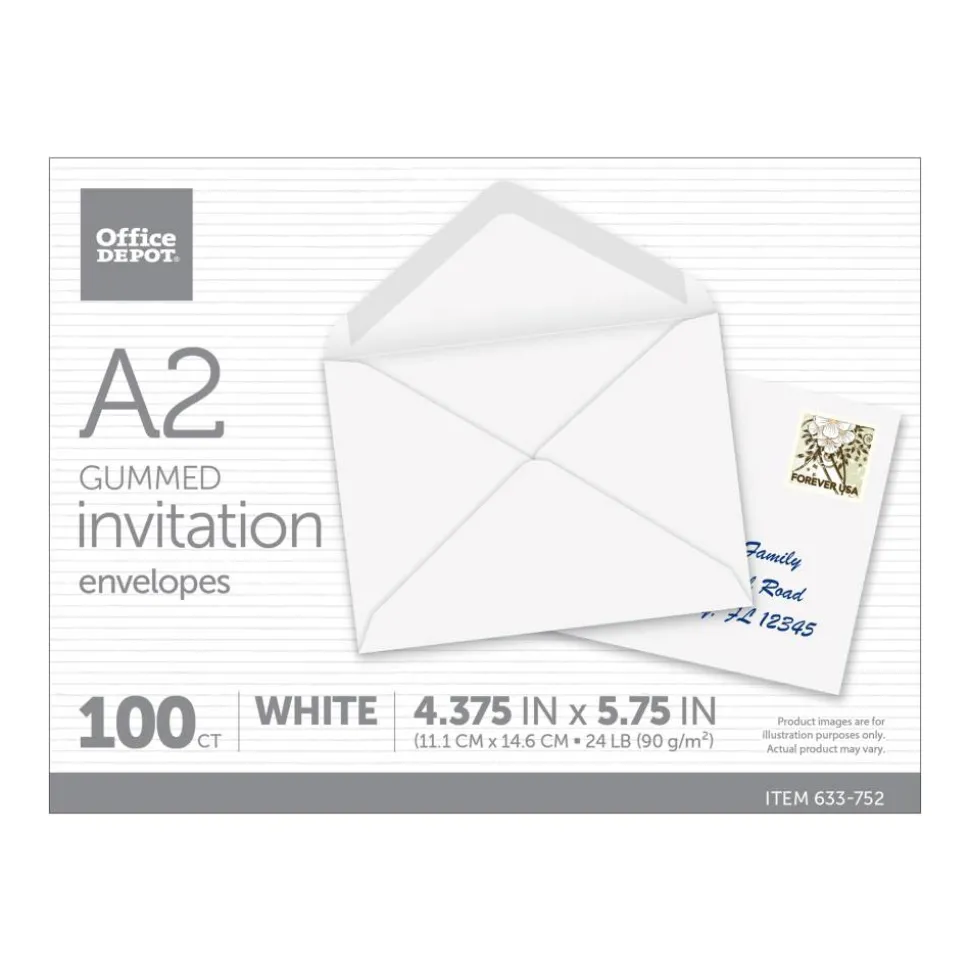 Invitation Envelopes, A2, 4-3/8" x 5-3/4", Gummed Seal, White, Box Of 100