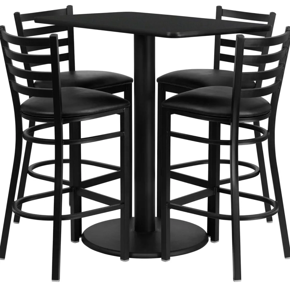 Jamie 24'' x 42'' Rectangular Black Laminate Table Set with 4 Ladder Back Metal Barstools - Black Vinyl Seat