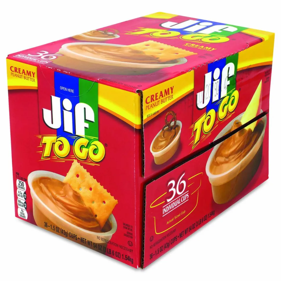 Jif To Go Spreads, Creamy Peanut Butter, 1.5 oz Cup, 36 Cups/Carton