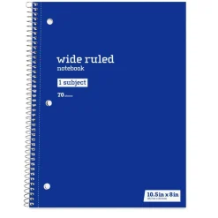 Just Basics Spiral Notebook, 8" x 10-1/2", Wide Ruled, 70 Sheets, Blue