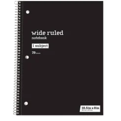 Just Basics Spiral Notebook, 8" x 10-1/2", Wide Ruled, 70 Sheets, Black