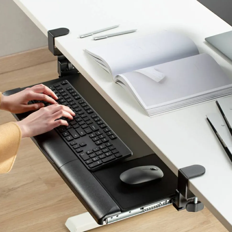 Kantek Desk Clamp Five-Position Tilting Keyboard Tray, 26.8" x 11.1, Black