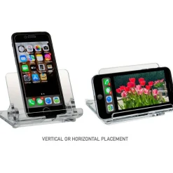 Kantek Mobile Phone Stand - Portrait, Landscape - Acrylic - Clear - Adjustable Angle, Foldable, Non-skid Feet - 1 Each