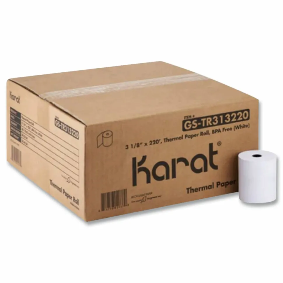 Karat Thermal Paper Rolls, 3.13" x 220 ft, White, 50 Rolls/Carton