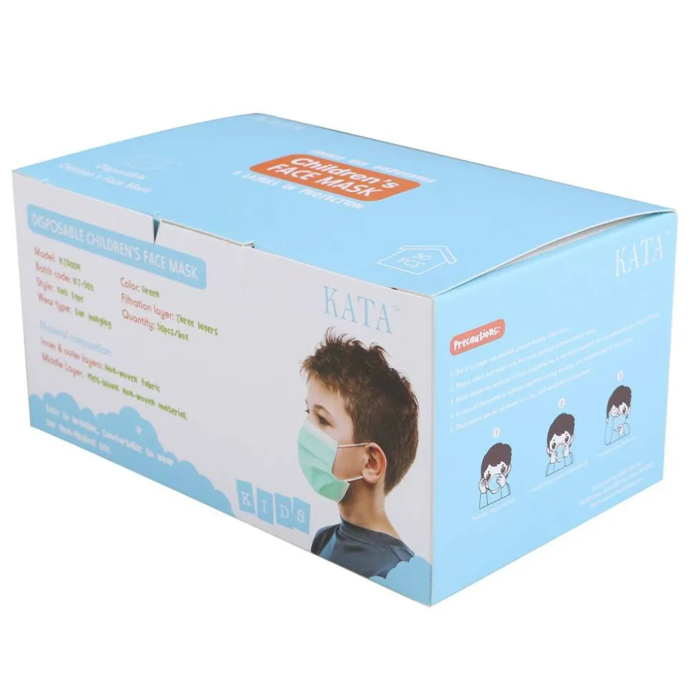 Kata 3-Ply Pleated Disposable Children's Face Masks, One Size, Green, Box Of 50 Masks