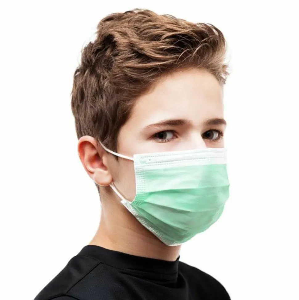Kata 3-Ply Pleated Disposable Children's Face Masks, One Size, Green, Box Of 50 Masks