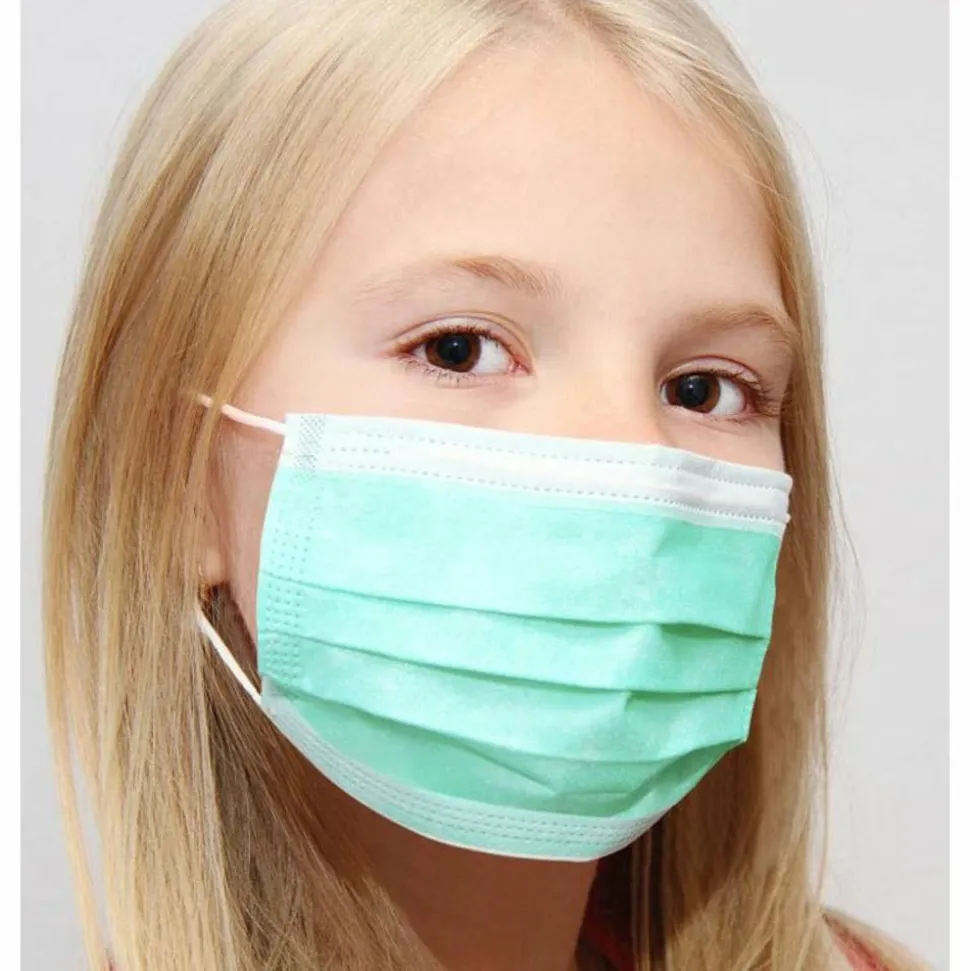 Kata 3-Ply Pleated Disposable Children's Face Masks, One Size, Green, Box Of 50 Masks