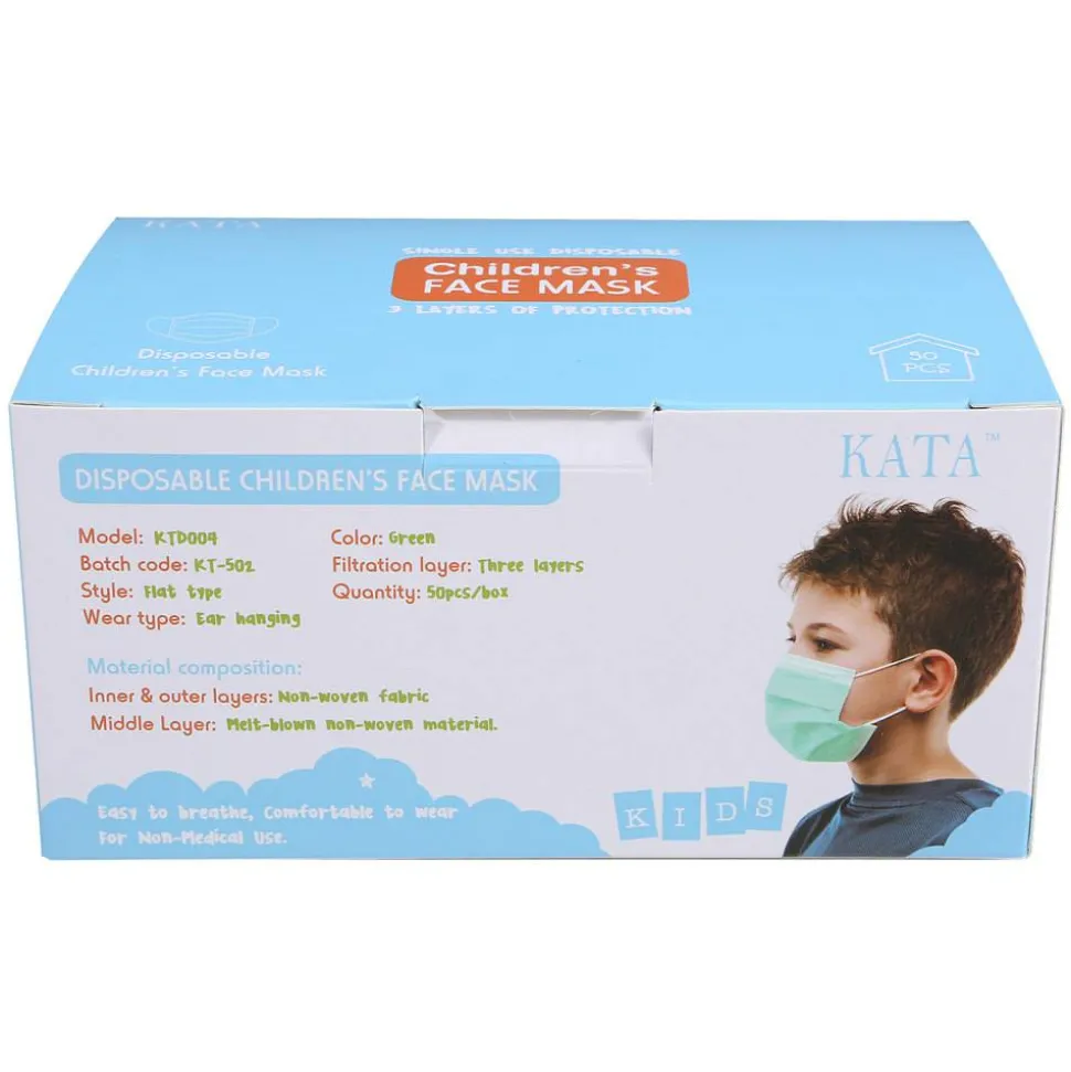 Kata 3-Ply Pleated Disposable Children's Face Masks, One Size, Green, Box Of 50 Masks