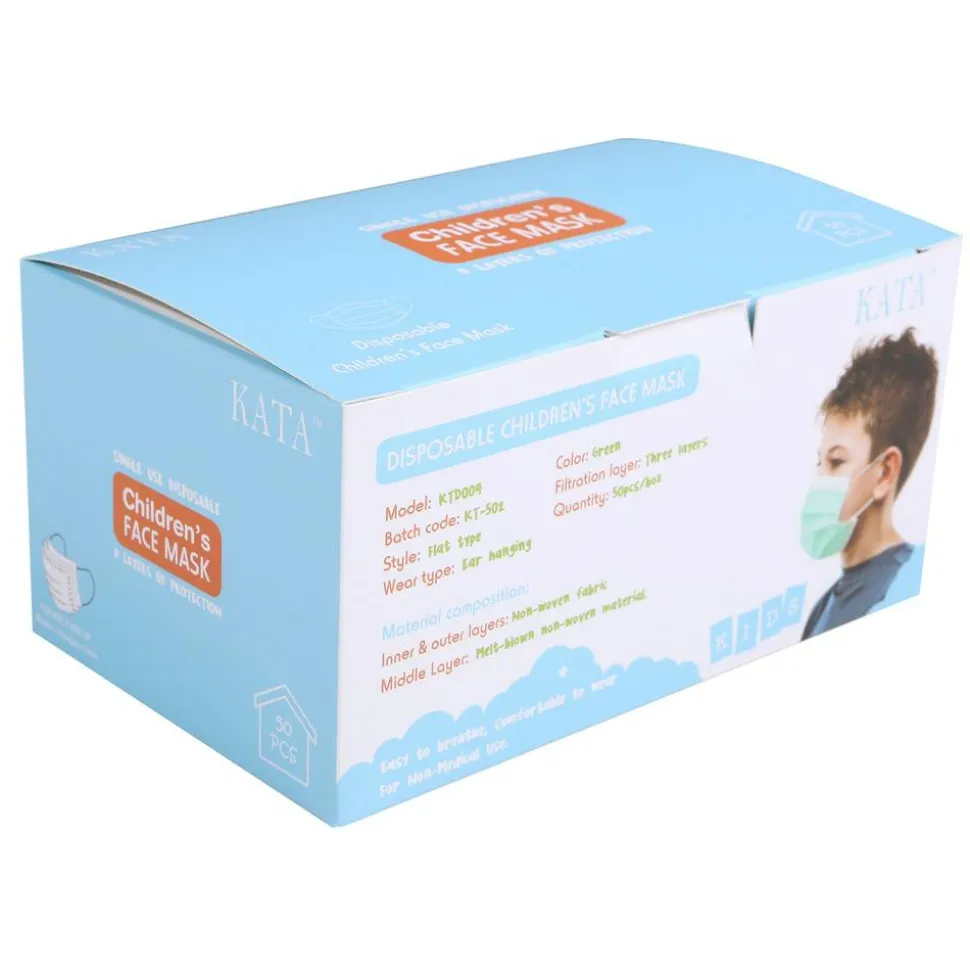 Kata 3-Ply Pleated Disposable Children's Face Masks, One Size, Green, Box Of 50 Masks